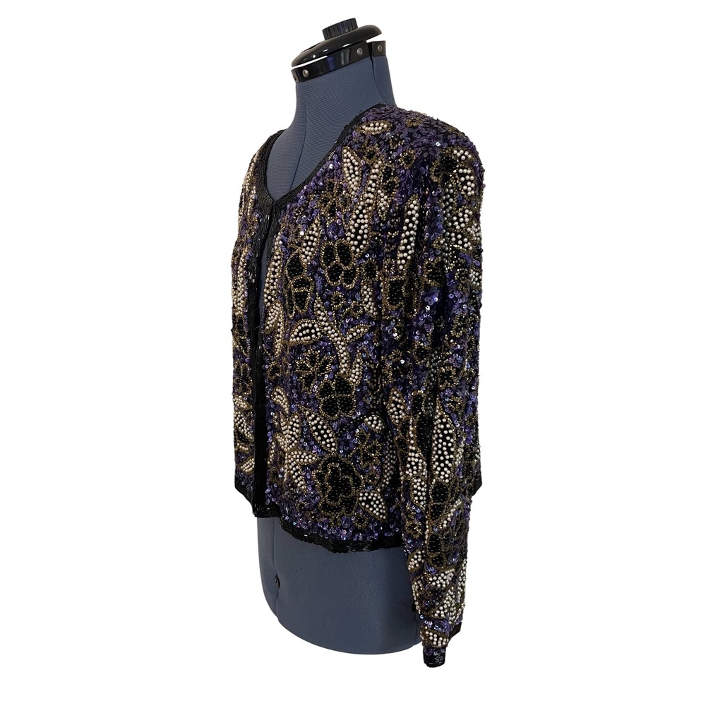 Vtg Stenay Purple Gold Floral Beaded Silk Evening Crop Jacket Bolero Glam XL - Picture 3 of 14